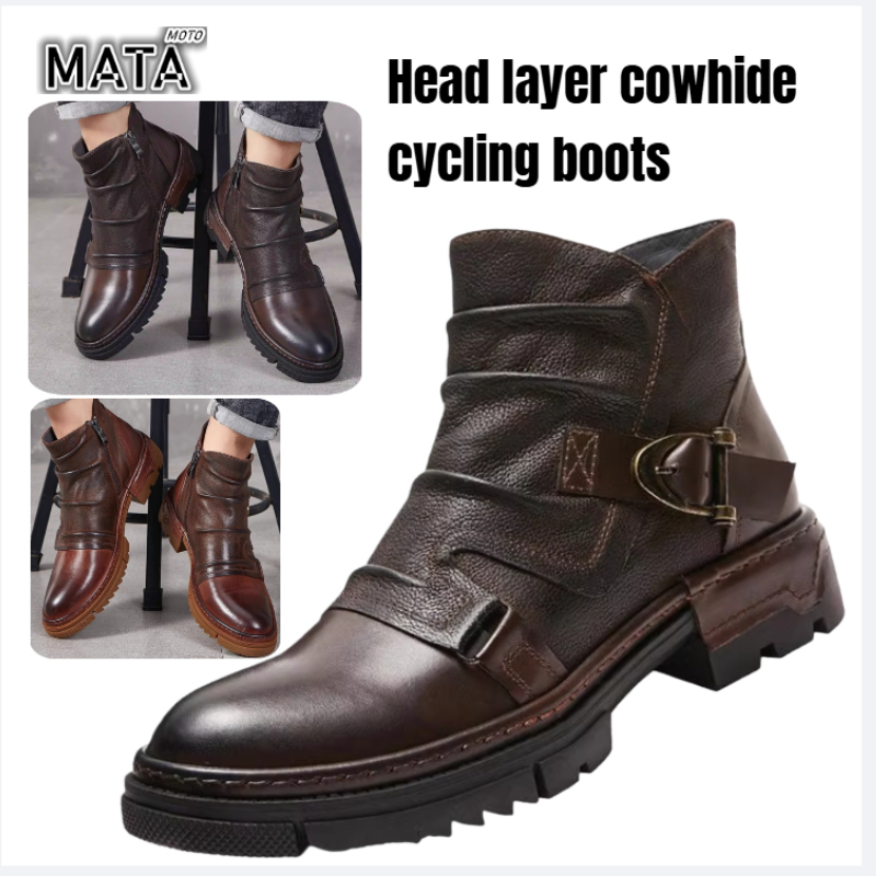 Motorcycle Gear Up - Botas de cuero retro para hombre,